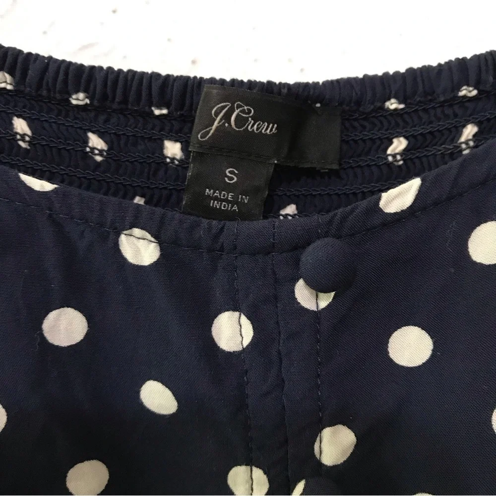 J. Crew Blue Polka Dot Smocked Puff Sleeve Blouse Size Small
